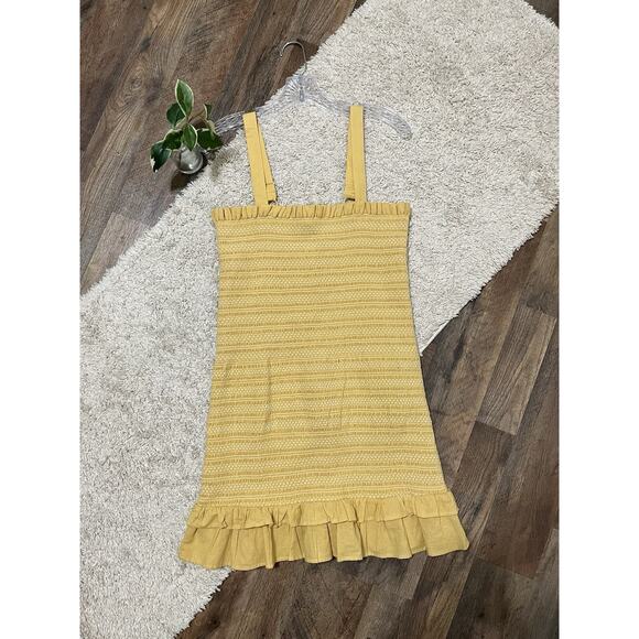 American Eagle Mustard Yellow Smocked Embroidered Ruffle Hem Mini Dress NWT - Picture 1 of 6